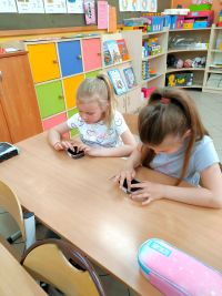 Dziewczynki siedzą w ławce i wysiewają nasiona